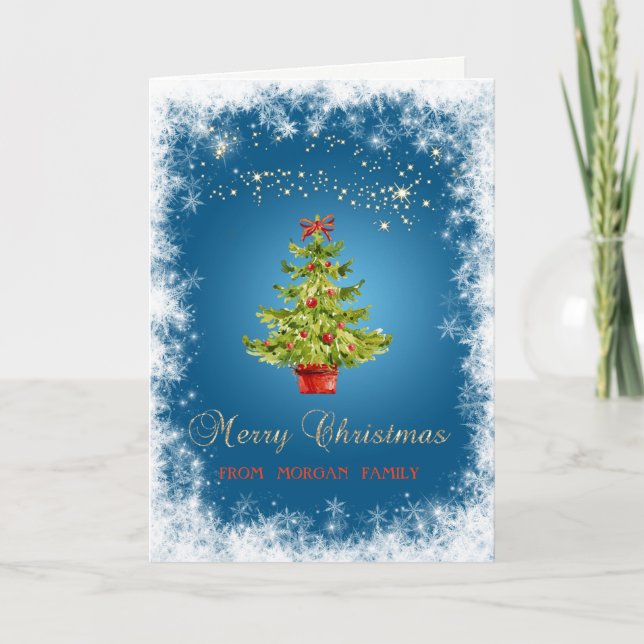 Cartes Pour Fêtes Annuelles Elégant arbre de Noël, flocons de neige Bleu (Devant)