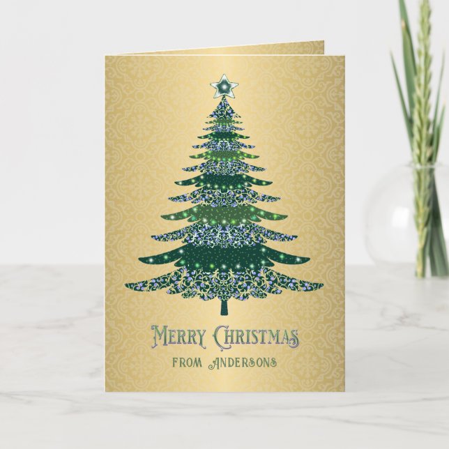 Cartes Pour Fêtes Annuelles Élégant Arbre de Noël Green Gold Nom personnalisé (Devant)