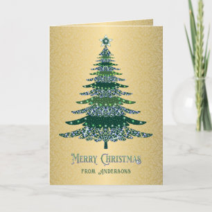 Cartes Pour Fêtes Annuelles Élégant Arbre de Noël Green Gold Nom personnalisé