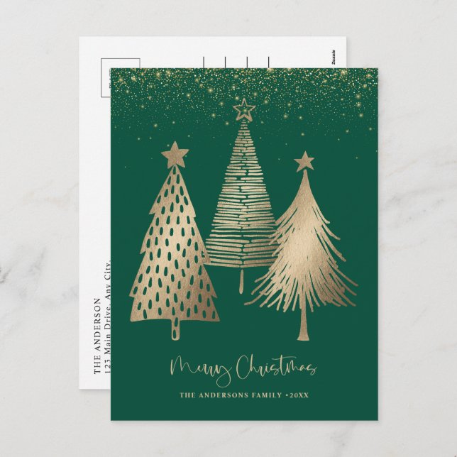 Cartes Pour Fêtes Annuelles Elégant Arbre de Noël Or Parties scintillant neige (Devant / Derrière)