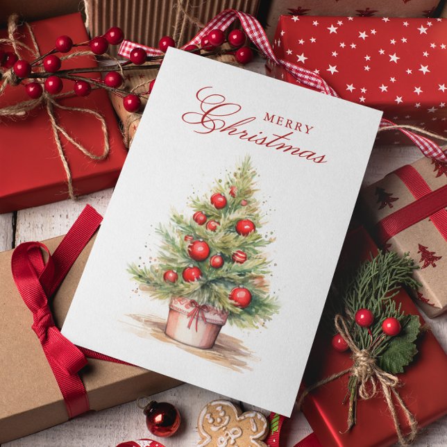 Cartes Pour Fêtes Annuelles Elégant arbre de Noël rouge aquarelle photo person (Créateur téléchargé)