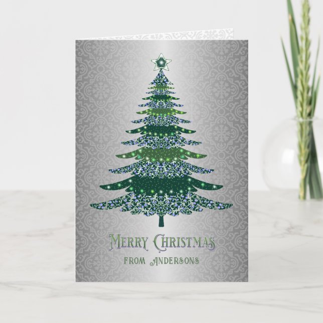 Cartes Pour Fêtes Annuelles Élégant Arbre de Noël Vert Argent Nom personnalisé (Devant)