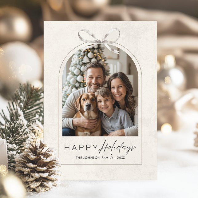 Cartes Pour Fêtes Annuelles Elégant Arc Moderne Famille Photo Simple Bow Happy (Modern boho arch family photo christmas card. Minimal yet elegant for sharing the holiday love)