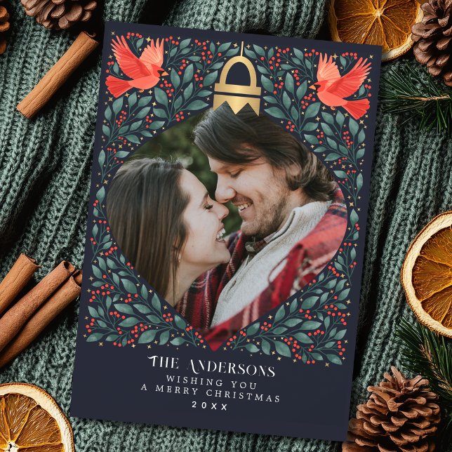 Cartes Pour Fêtes Annuelles Élégant Art populaire Cardinal Noël Foliage Photo (Créateur téléchargé)