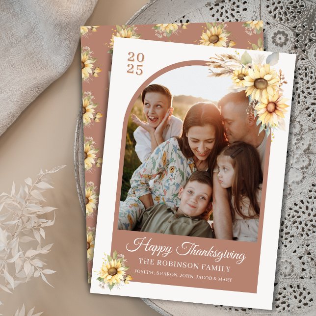 Cartes Pour Fêtes Annuelles Élégant automne automne chic Bon thanksgiving flor (Elegant dusty rose and gold personalized watercolor sunflowers arch photo Happy Thanksgiving cards)