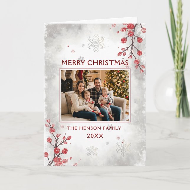 Cartes Pour Fêtes Annuelles Elegant Berries Snowflakes Family Photo Christmas  (Devant)