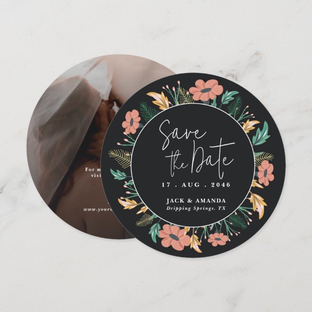 Cartes Pour Fêtes Annuelles Elégant Black Flower Photo Wedding Enregistrer la  (Devant / Derrière)