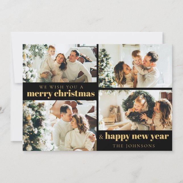 Cartes Pour Fêtes Annuelles Elégant Black Gold 4 Photo Noël (Devant)