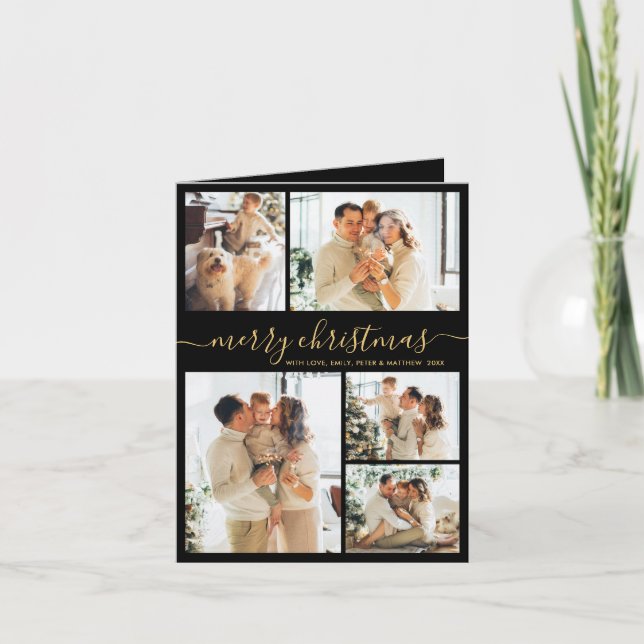 Cartes Pour Fêtes Annuelles Elegant Black Gold 5 Photo Collage Christmas  (Devant)