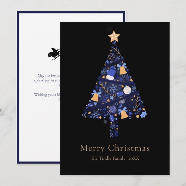 Cartes Pour Fêtes Annuelles Elegant Black Gold Blue Script Christmas Tree (Devant / Derrière)