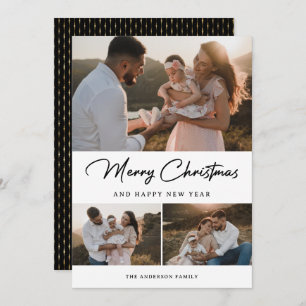 Cartes Pour Fêtes Annuelles Elégant Black Gold Calligraphy Photo Collage