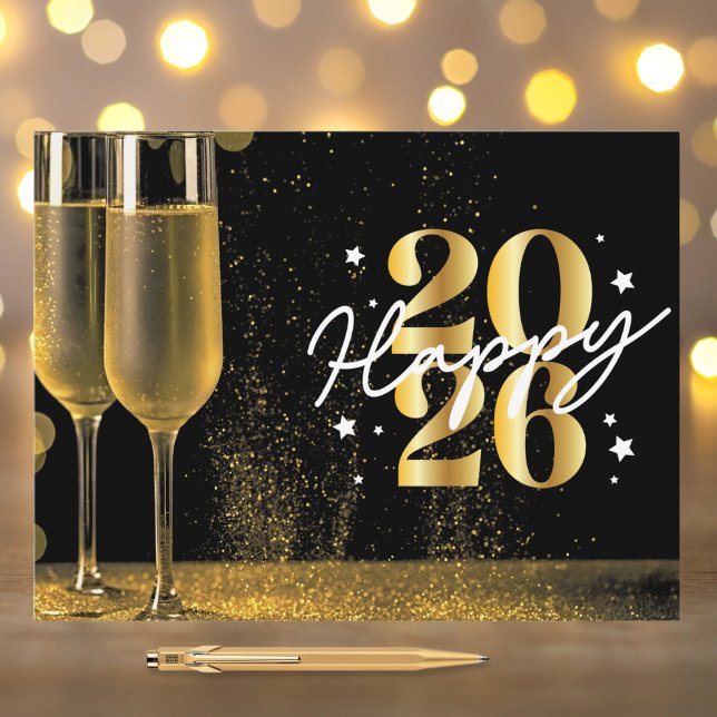 Cartes Pour Fêtes Annuelles Elegant Black Gold Happy 2026 Champagne New Year (Créateur téléchargé)