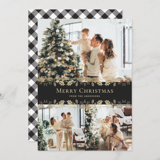 Cartes Pour Fêtes Annuelles Élégant Black Gold Holly Plaid Photo Noël (Devant / Derrière)
