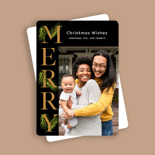 Cartes Pour Fêtes Annuelles Élégant Black Gold Merry Pine photo Noël