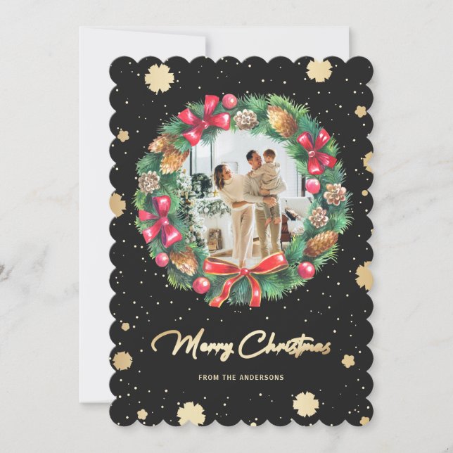 Cartes Pour Fêtes Annuelles Élégant Black Gold Snowflakes Wreath Photo (Devant)