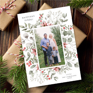 Cartes Pour Fêtes Annuelles Elégant blanc hiver aquarelle verte Photo