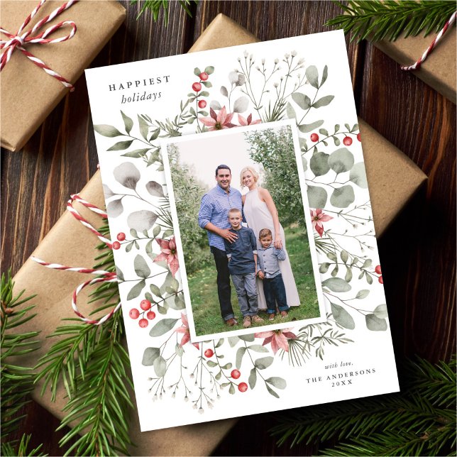 Cartes Pour Fêtes Annuelles Elégant blanc hiver aquarelle verte Photo (Créateur téléchargé)