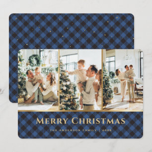 Cartes Pour Fêtes Annuelles Élégant Bleu Buffle Or Plaid Photo Noël