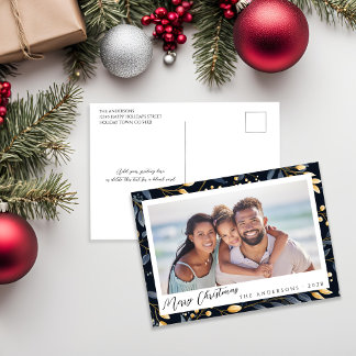 Cartes Pour Fêtes Annuelles Elégant Bleu Et Or Vintage Feuilles Vacances Photo