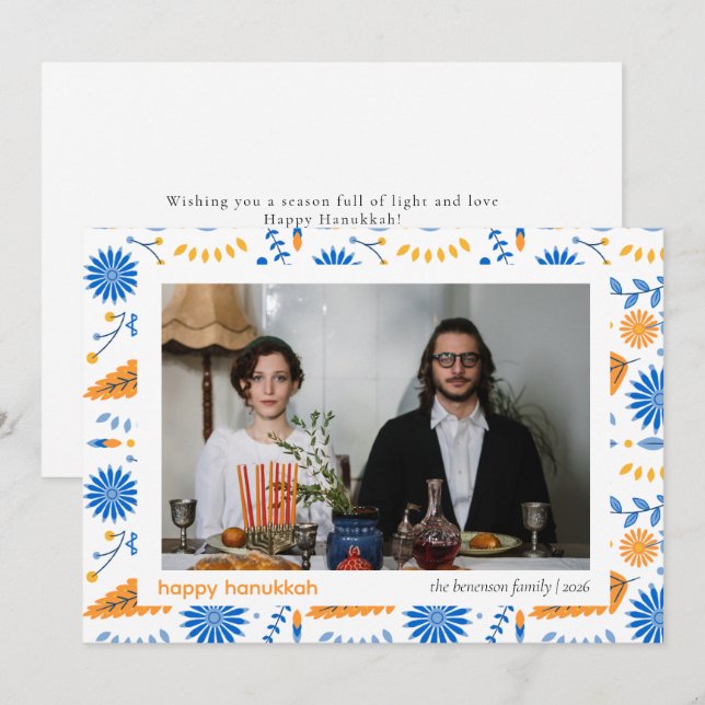 Cartes Pour Fêtes Annuelles Elégant bleu Happy Hanoukka Family 1 Photo (Devant / Derrière)