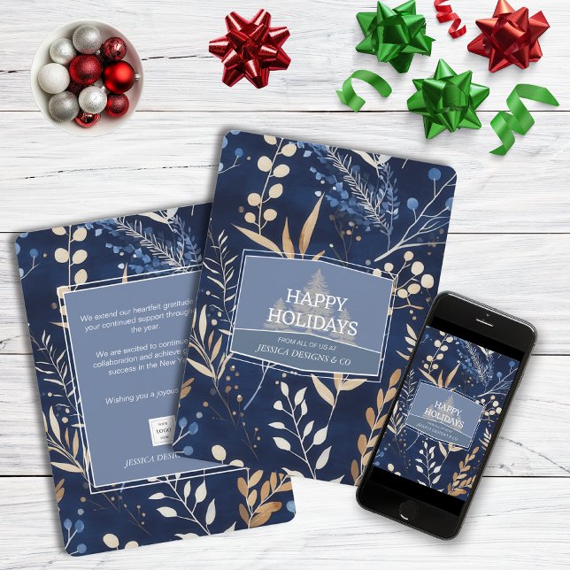 Cartes Pour Fêtes Annuelles Elégant Bleu hiver Botanique Noël Entreprise (Créateur téléchargé)