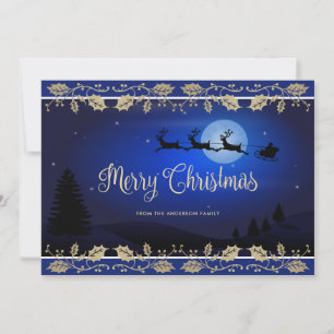 Cartes Pour Fêtes Annuelles Élégant Bleu Holly Reindeer Noël du Père Noël