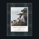 Cartes Pour Fêtes Annuelles Élégant bleu marine et vert photo plaid Noël<br><div class="desc">Carte postale moderne de Noël avec un design intemporel avec votre photo préférée sur un arrière - plan bleu marine et vert pâle muet avec l'accueil,  "Joyeux Noël". Utilisez le modèle pour ajouter votre message personnalisé.</div>