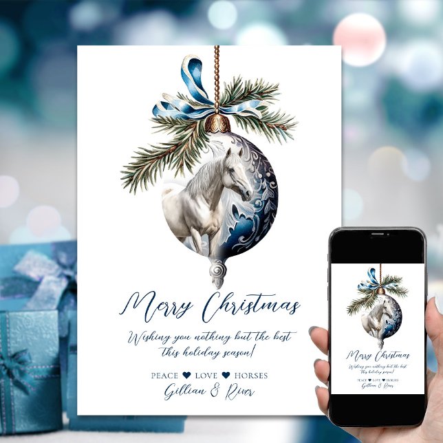 Cartes Pour Fêtes Annuelles Élégant bleu Noël blanc cheval équestre (Elegant blue Christmas white horse equestrian Holiday Card)
