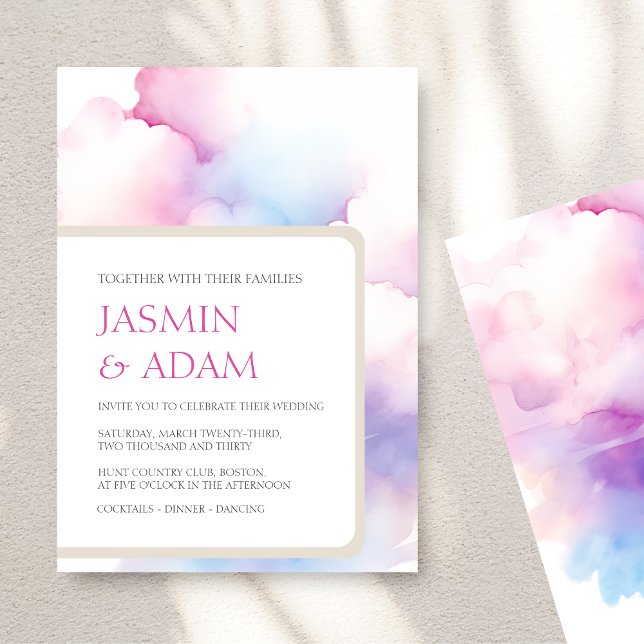 Cartes Pour Fêtes Annuelles Élégant bleu rose Clouds blancs Monogramme Mariage (Elegant Pink Blue White Clouds Monogram Wedding Holiday Card)