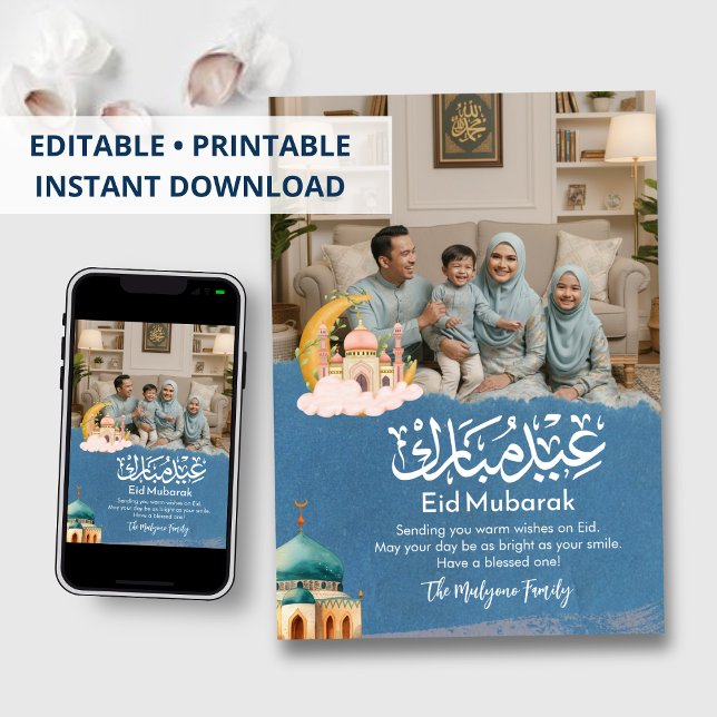 Cartes Pour Fêtes Annuelles Elegant Blue Eid Mubarak Family Photo Holiday Card (Créateur téléchargé)