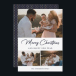 Cartes Pour Fêtes Annuelles Elégant Blue Gold Calligraphy Photo Collage<br><div class="desc">Carte de vacances photo bleu et or personnalisée avec un collage photo sur le devant et un motif bleu et or à l'arrière. Personnalisez facilement cette carte de vacances photo élégante avec vos photos et le nom de famille. Autres options de couleurs disponibles.</div>