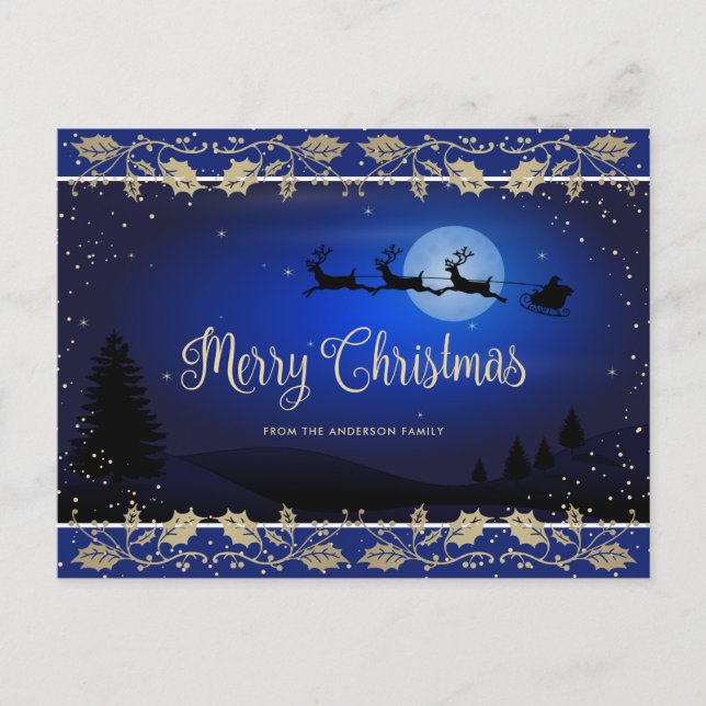 Cartes Pour Fêtes Annuelles Elégant Blue Gold Holly Père Noël Joyeux Noël (Devant)
