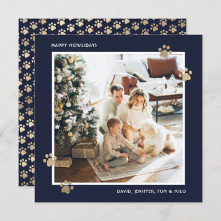 Cartes Pour Fêtes Annuelles Elégant Blue Gold Paw Photo Happy Howlidays