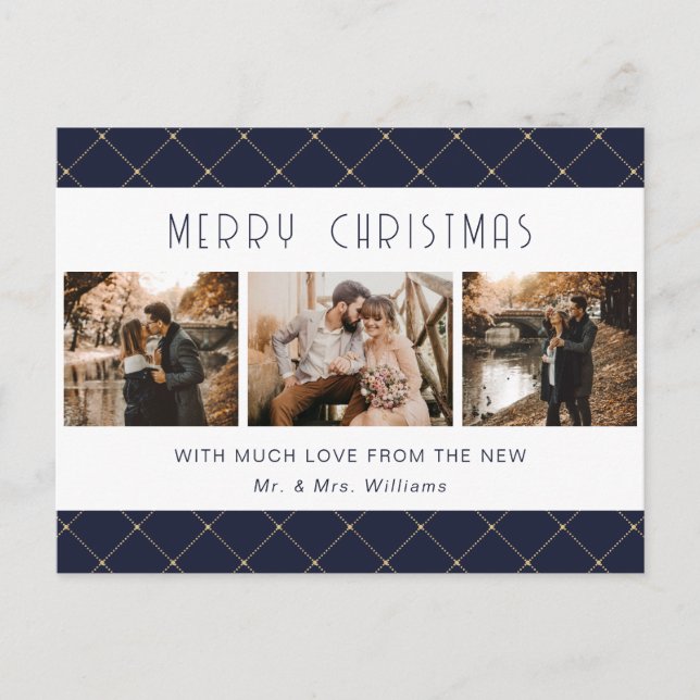 Cartes Pour Fêtes Annuelles Elegant Blue Gold Photo Newlywed (Devant)