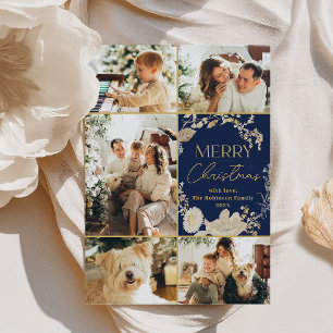 Cartes Pour Fêtes Annuelles Élégant Blue Gold Script Multi Photo Noël