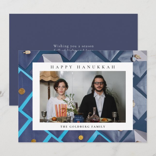 Cartes Pour Fêtes Annuelles Elegant Blue Happy Hanukkah Family 1 Photo (Devant / Derrière)