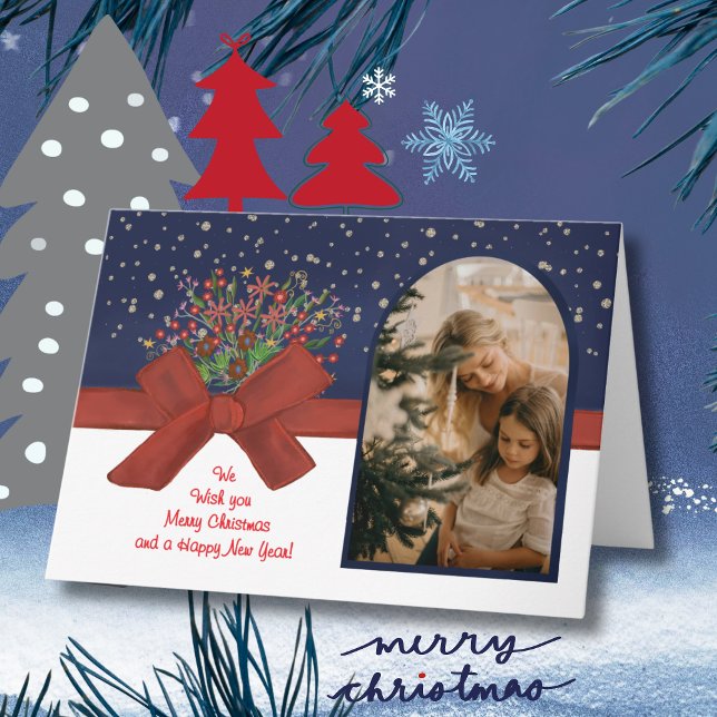 Cartes Pour Fêtes Annuelles Elegant Blue & White Photo Arch  Christmas Bow (Elegant Blue & White Photo Arch Christmas Bow Holiday Card)