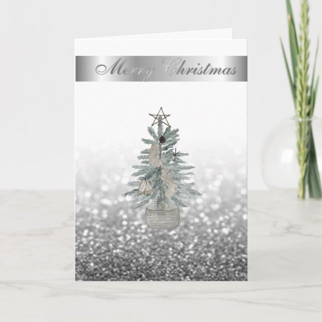 Cartes Pour Fêtes Annuelles Elégant Bokeh Argent, Aquarelle Arbre de Noël (Devant)