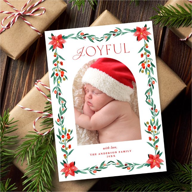 Cartes Pour Fêtes Annuelles Elegant Botanical Greenery Poinsettia Frame Photo (Créateur téléchargé)