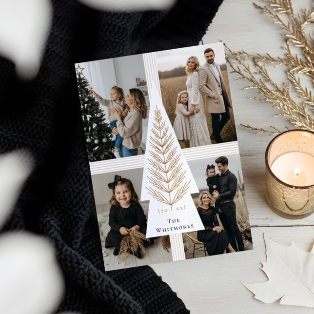 Cartes Pour Fêtes Annuelles Elegant Bow Présent À feuillage persistant Tree Ph (Elegant Bow Present Evergreen Tree Photo Collage Holiday Card)