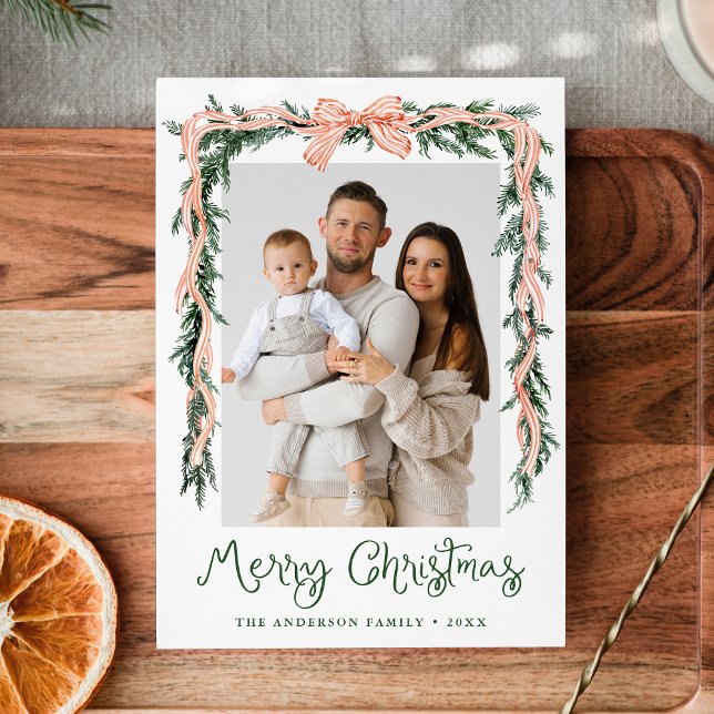 Cartes Pour Fêtes Annuelles Élégant Bow rayé rouge verdure 4 Photo (Créateur téléchargé)