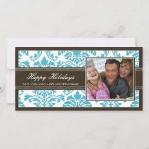 Cartes Pour Fêtes Annuelles Elégant Brown & Aqua Damask Custom Happy Holidays