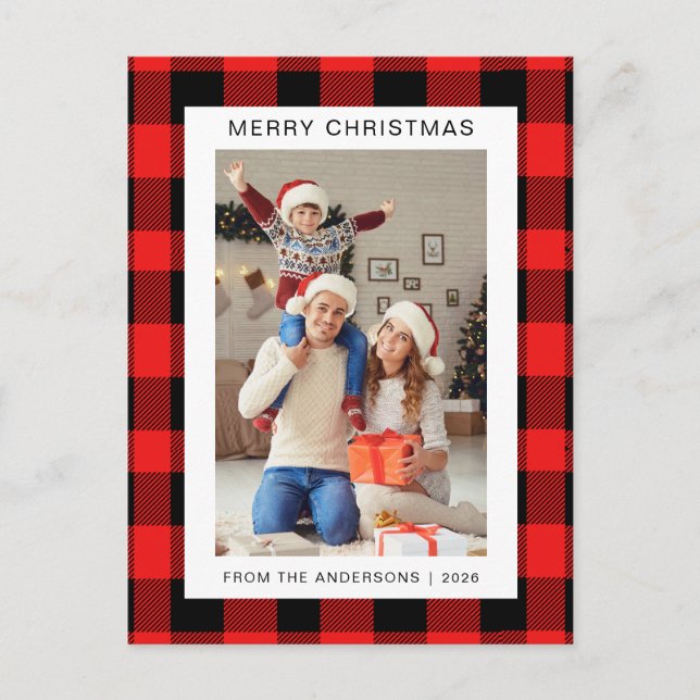 Cartes Pour Fêtes Annuelles Élégant Buffle rouge Plaid Famille de Noël 1 Photo (Devant)