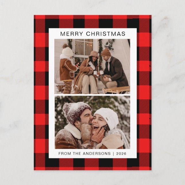 Cartes Pour Fêtes Annuelles Élégant Buffle rouge Plaid Famille de Noël 2 Photo (Devant)