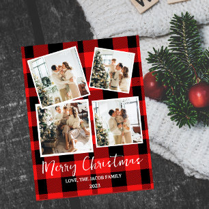 Cartes Pour Fêtes Annuelles Élégant Buffle rouge Plaid Famille de Noël 4 Photo