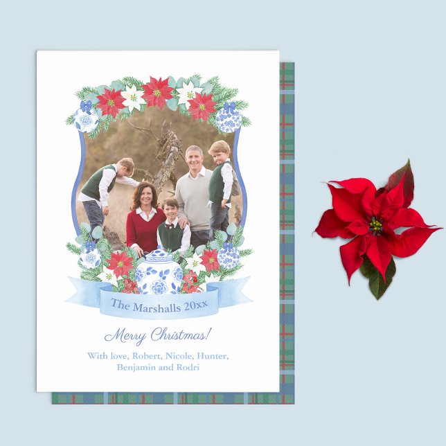 Cartes Pour Fêtes Annuelles Élégant cadre botanique de Noël Joyeux (Botanical Photo Frame in blue white and red holidays card with tartan reverse)