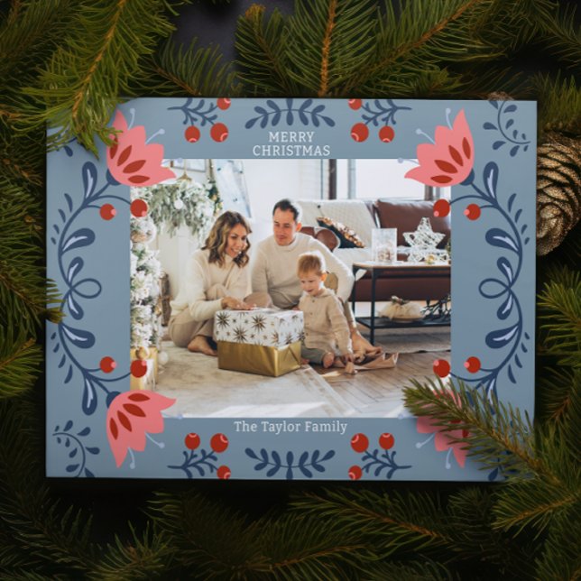 Cartes Pour Fêtes Annuelles Elégant cadre floral photo de Noël (Elegant Floral Frame Christmas Photo Holiday Cards from Ricaso. Add your own photograph and text)