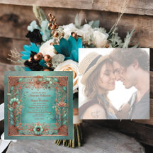 Élégant Cadre Minimaliste Cuivre Turquoise Mariage