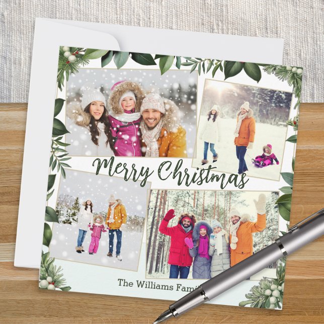 Cartes Pour Fêtes Annuelles Élégant cadre verdoyant 4 Photo Collage Noël (A modern Christmas card with greenery border, to personalize with four photos and name(s))