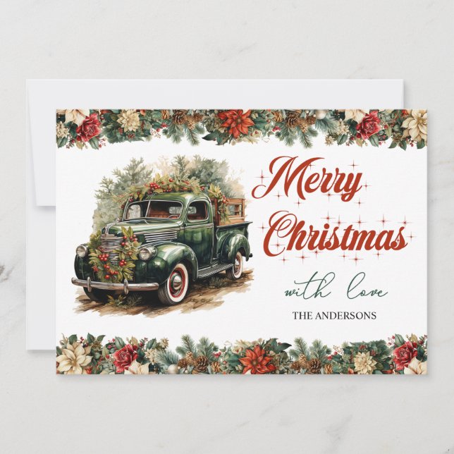 Cartes Pour Fêtes Annuelles Élégant camion vert de Noël rétro (Devant)
